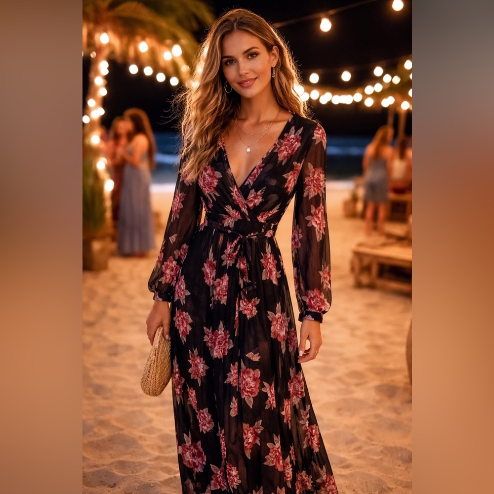 Ark & Co Black Floral Sheer Maxi Dress Small Boho Tie Waist Long Sleeve